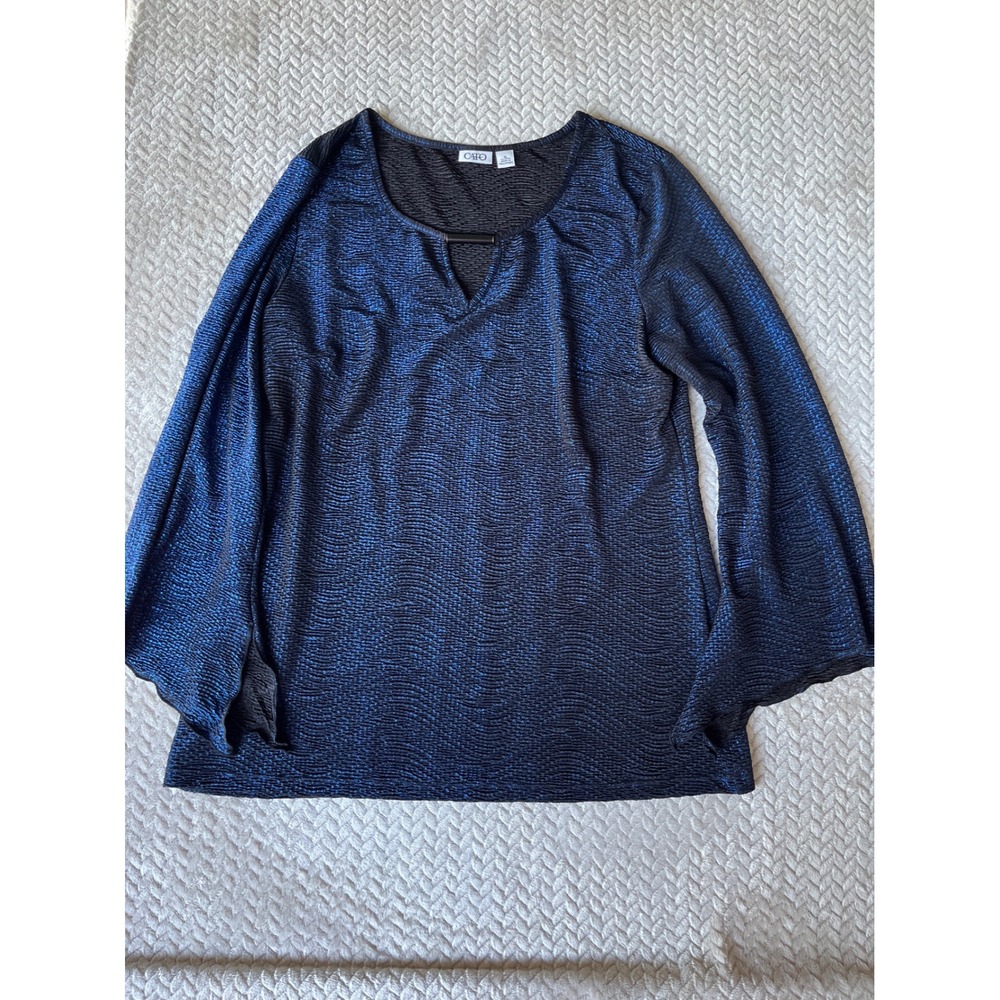 Cato Blue Black Metallic Textured Bell Sleeve Blouse XL Metal Bar Accent Top